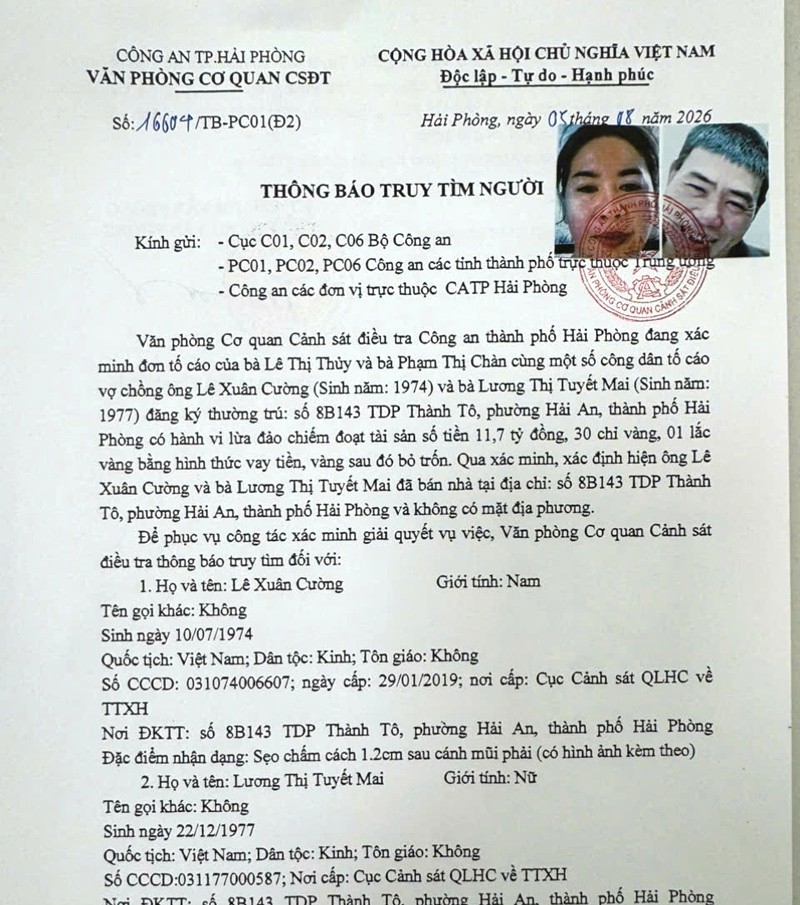 Thông báo truy tìm vợ chồng lừa đảo - Ảnh 1.